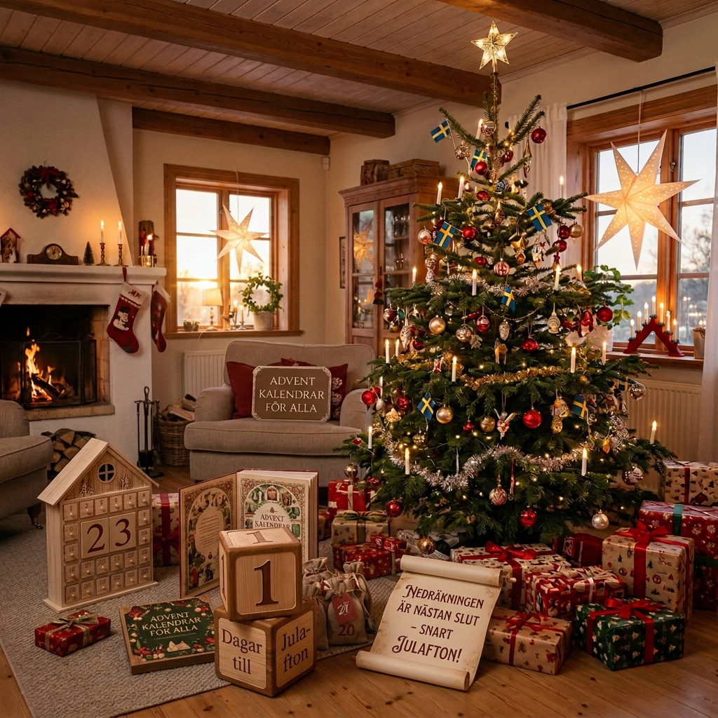 Christmas tree with Swedish signs reading “ADVENT KALENDER FÖR ALLA” and “NEDRÄKNINGEN ÄR NÄSTAN SLUT SNART JULAFTON!”